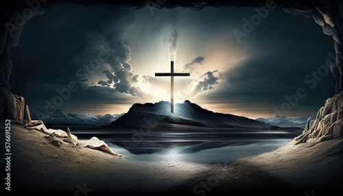 Religion landscape background, christian cross on nature backdrop, generative ai