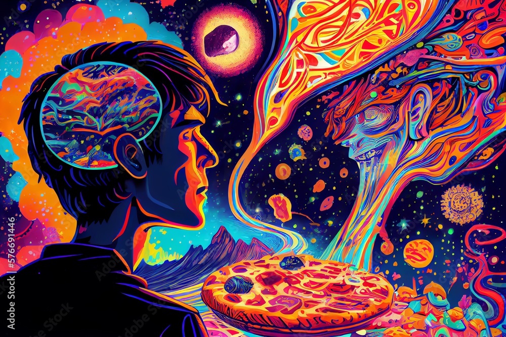 A Man Takes His First Psychedelic Trip To The Center Of The Universe After Consuming Dmt. Amazing Colorful Space. Lsd, Dmt Or Psilocybin Trip . Illustrations. Generative AI
