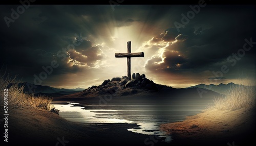 Religion landscape background, christian cross on nature backdrop, generative ai