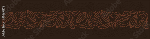 Chocolate pack background. Cocoa bean floral ornament. Beans and branches leaves. Editable outline stroke. Vector line. Horizontal banner.