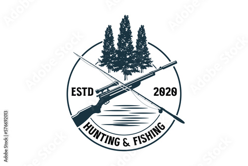 Pine Evergreen Fir Tress Forest with River Creek and Crossed Gun Fishing Rod for Hunting Adventure Logo