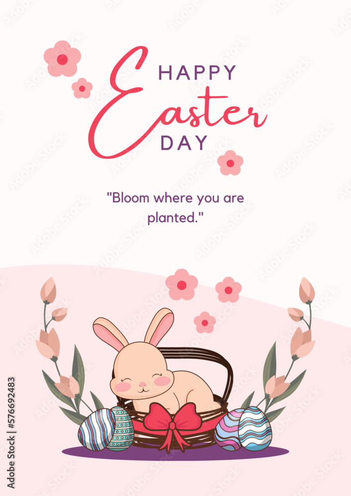 Easter day greetings card, paper flowers, easter eggs and bunny sitting in the basket vector illustration Easter day greetings card, paper flowers, easter eggs and bunny sitting in the basket vector illustration