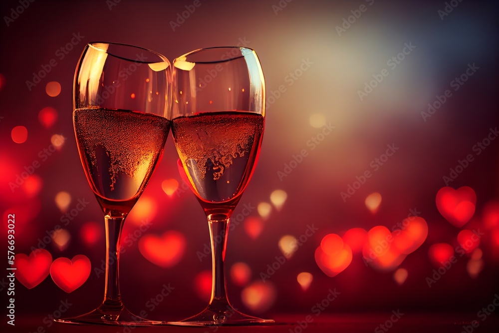 Champagne Toast For The Saint ValentineS Romantic Dinner Or Wedding , Two Glasses, Shiny Red Bokeh Background, Copy Text Space. Generative AI Champagne Toast For The Saint ValentineS Romantic Dinner Or Wedding , Two Glasses, Shiny Red Bokeh Background, Copy Text Space. Generative AI