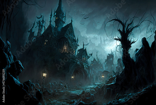 Fotografie Halloween village, night, horror. Generative AI