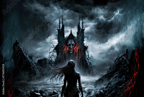 Fotografie Hell landscape, woman facing dark castle with demon face