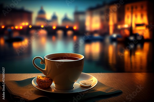 Cup Of Coffee On Blurred Background Of Venetian Canal. Romantic Evening View. Generative AI