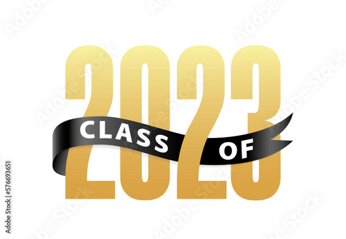 Class of 2023 Gold Lettering Graduation 3d logo with ribbon. Template for graduation design, party, high school or college graduate, yearbook. Vector illustration