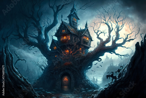 House in a dead tree, horror, Halloween. Generative AI