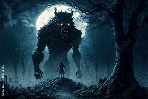 Fotografie Giant werewolf with full moon in forest, horror. Generative AI