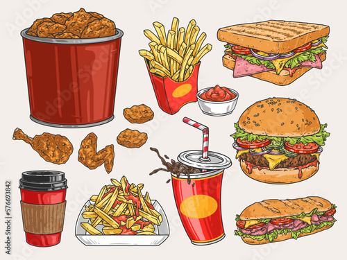 Fast food set labels colorful