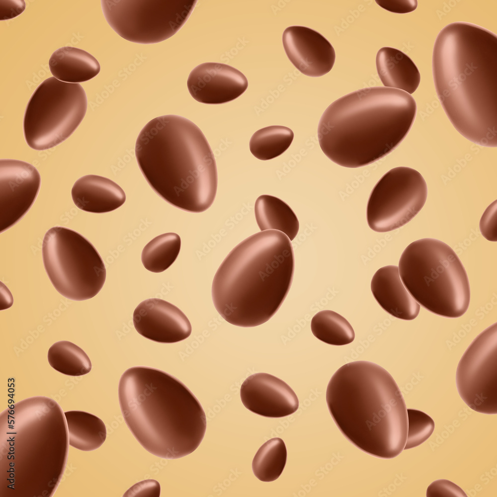 Fototapeta premium Many chocolate eggs falling on pale light orange background