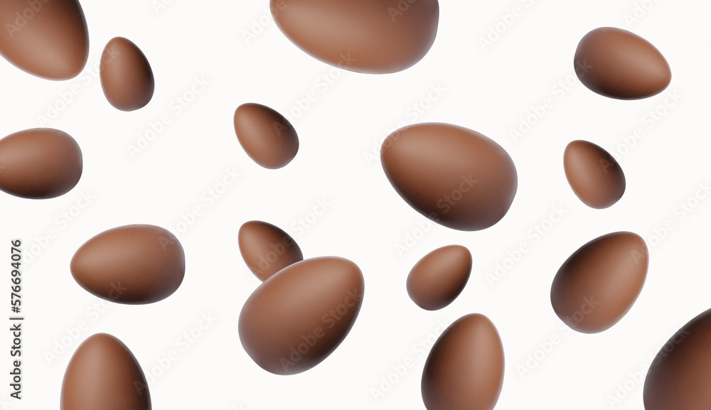 Many chocolate eggs falling on white background Many chocolate eggs falling on white background