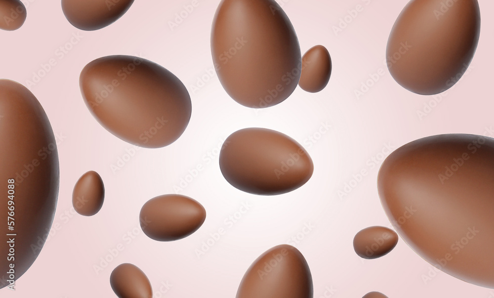 Many chocolate eggs falling on pale light pink background Many chocolate eggs falling on pale light pink background