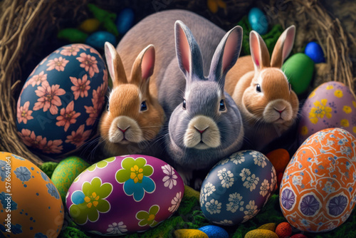 Easter Eggs with Easter Bunnies Colorful Easter Eggs AI-Generated