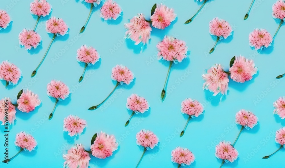  a group of pink flowers sitting on top of a blue surface.  generative ai