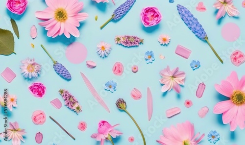  a blue background with pink and blue flowers and petals on it.  generative ai