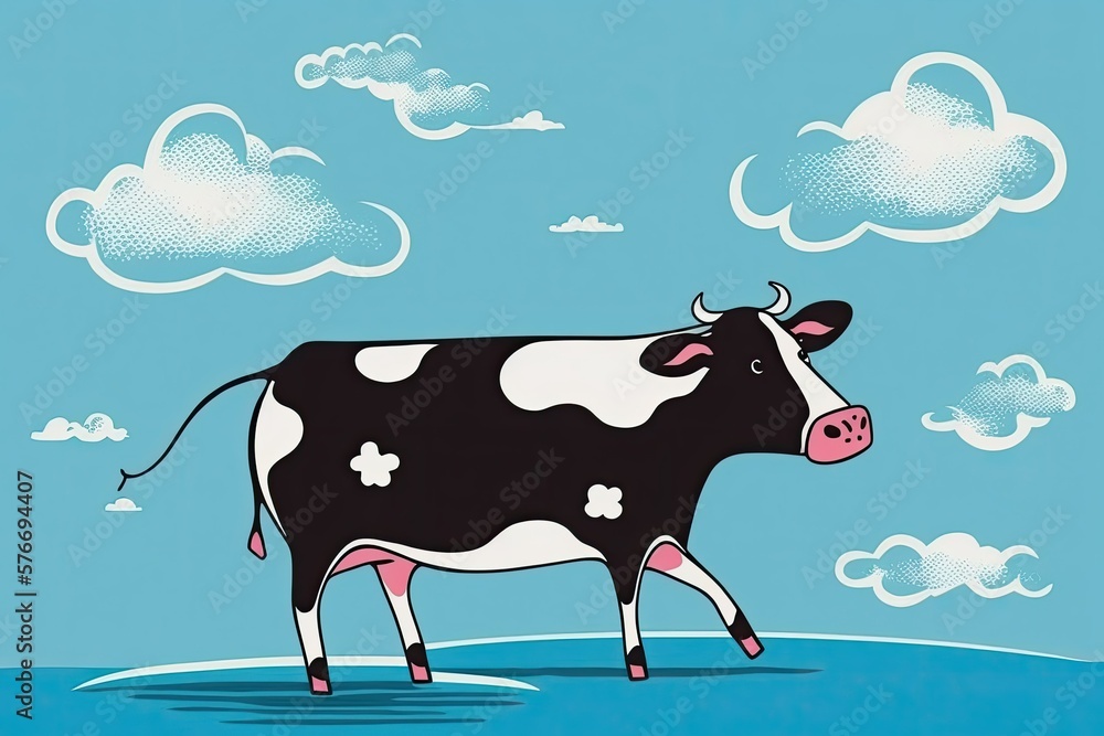 To the right of a blue sky stands a black and white cow with a pink nose. Generative AI