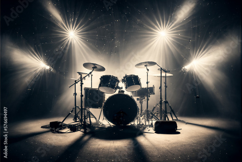 Drum set on stage in the spotlight. AI generated