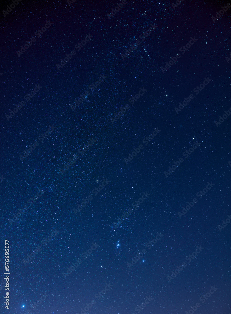Orion constellation, Sirius, Mars and various star clusters photographed with wide angle lens.