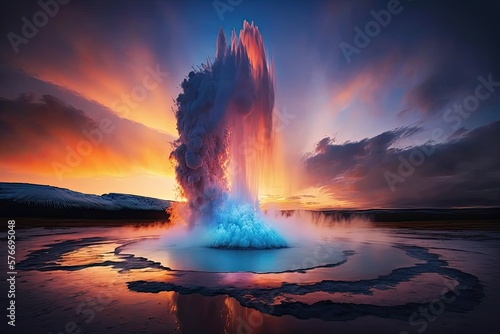 Foto Erupting geyser with pink and orange sky in the background at sunset