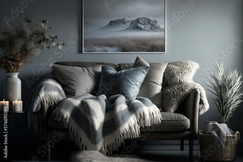 Cozy beige sofa with pillows and blanket, art prink over the sofa on a grey wall. Generative AI. 