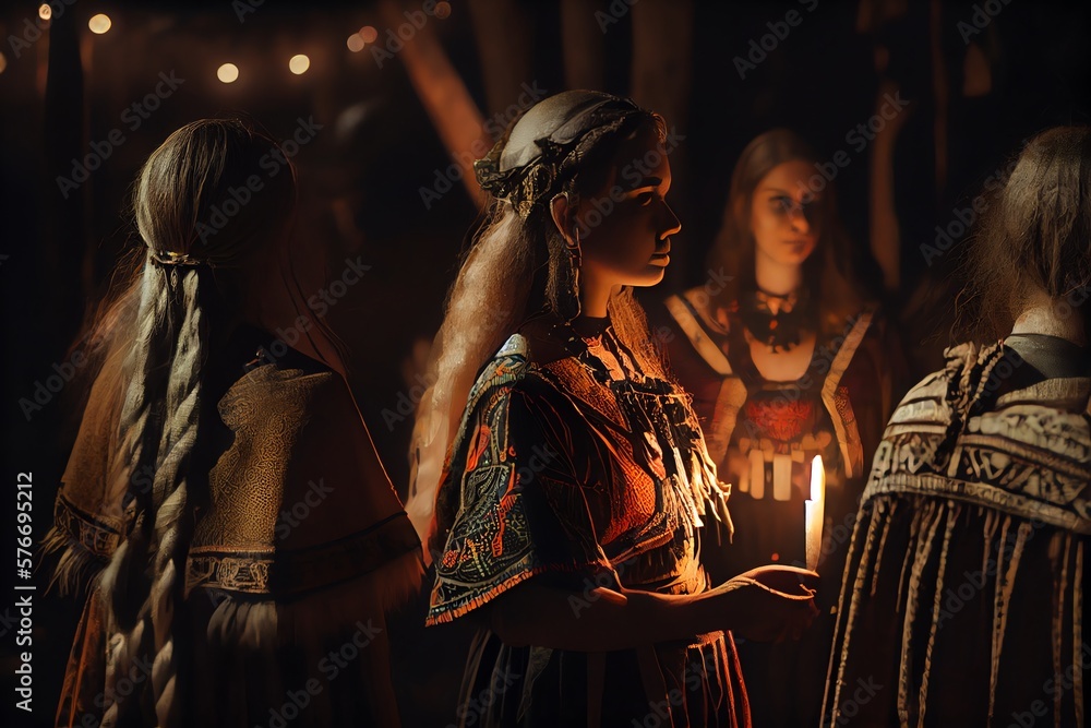 Slavic Woman Surrounded By Girls On A Summer Night. Slavic Rituals During A Traditional Pagan Festival Associated With The Summer Solstice Of The Sun. Generative AI
