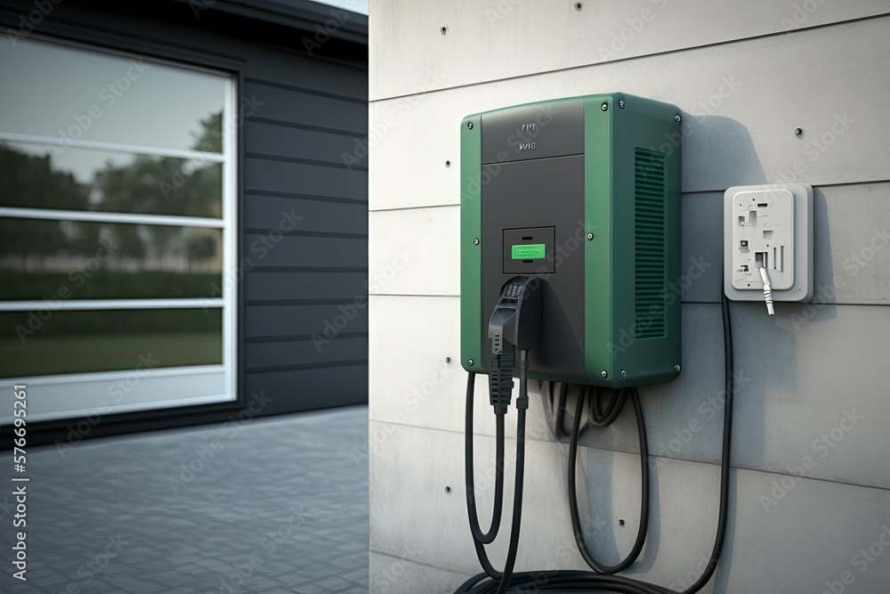Electrical power car charging station on the side of the shiplap wall. Generative AI. Electrical power car charging station on the side of the shiplap wall. Generative AI.