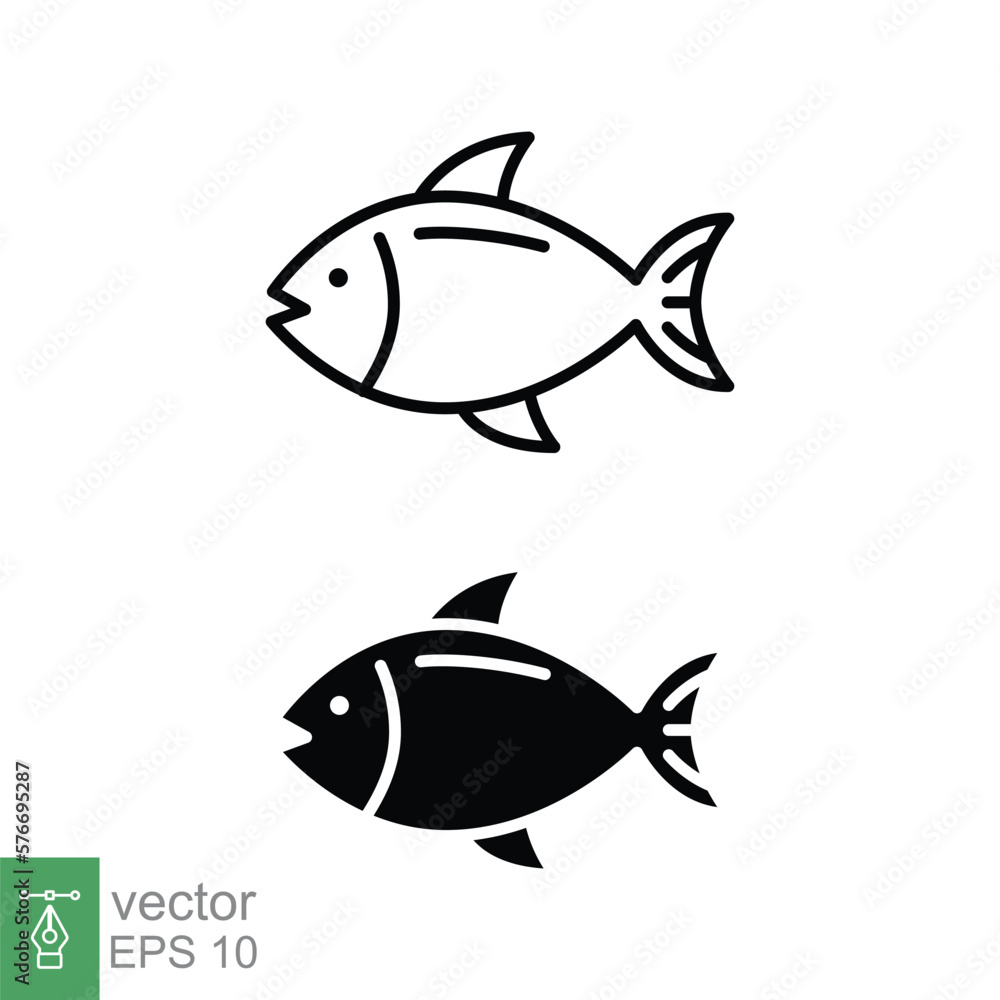 Fish icon set. Simple line and silhouette symbol. Sea life, fresh salmon, tuna, pisces, nature concept for food template design. Vector illustration isolated on white background. EPS 10. Fish icon set. Simple line and silhouette symbol. Sea life, fresh salmon, tuna, pisces, nature concept for food template design. Vector illustration isolated on white background. EPS 10.