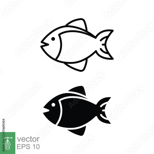Fish icon set. Simple line and silhouette symbol. Sea life, fresh salmon, tuna, pisces, nature concept for food template design. Vector illustration isolated on white background. EPS 10. © Fourdoty
