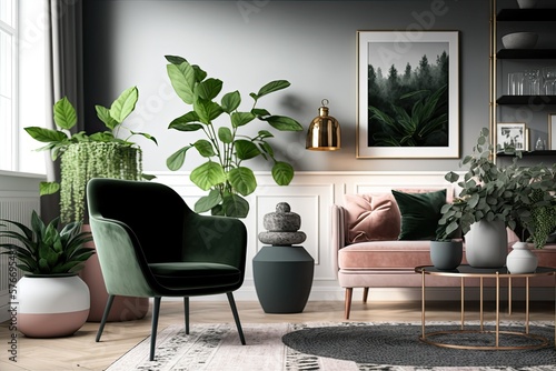 Living room with green velvet arm chair and pink sofa with lots of plants and artwork on the wall over the sofa. Generative AI. 