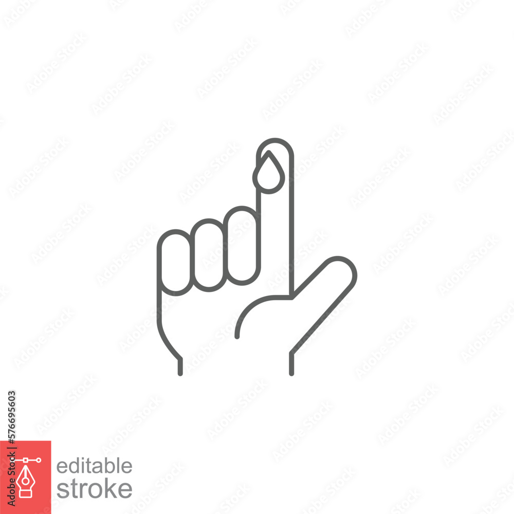 Blood on finger line icon. Vector people hand injured isolated symbol. Glucose, insulin test, diabetes concept. Simple outline style. Sign illustration on white background. Editable stroke EPS 10. Blood on finger line icon. Vector people hand injured isolated symbol. Glucose, insulin test, diabetes concept. Simple outline style. Sign illustration on white background. Editable stroke EPS 10.