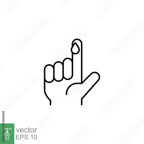 Blood on finger line icon. Vector people hand injured isolated symbol. Glucose, insulin test, diabetes concept. Simple outline style. Sign illustration on white background. EPS 10.