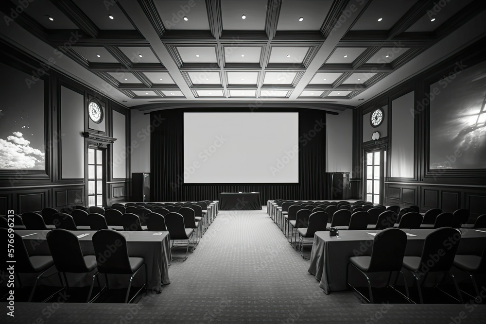 Black and white render of an empty conference room in a dated hotel. Generative AI. Black and white render of an empty conference room in a dated hotel. Generative AI.