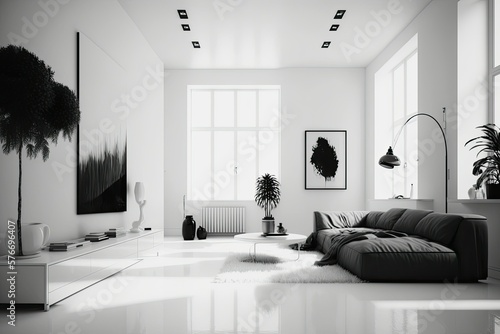 Black and white modern living room with black sofa on large windows. Generative AI. 