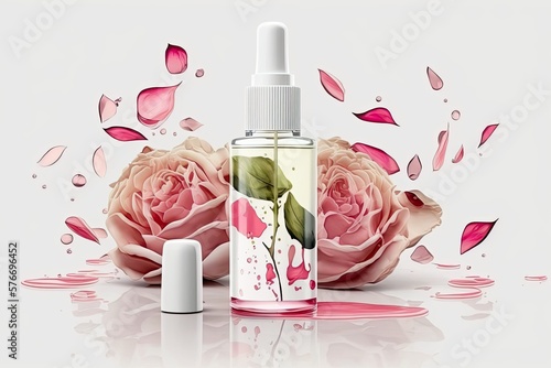 On a white table surrounded by delicate pink roses and rose petals sits a glass dropper bottle filled with serum. Cosmetic made from fermented rose petals is a natural beauty product. A mellow approac photo