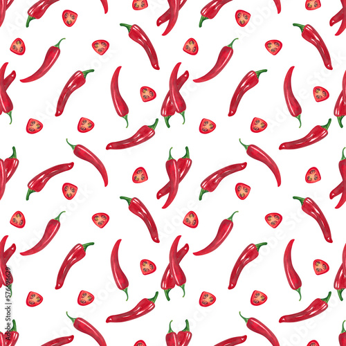 seamless chilli pattern, hot chilli repeat print, Red hot pepper background, Food background, Vegetables illustration, Spicy hot peppers design