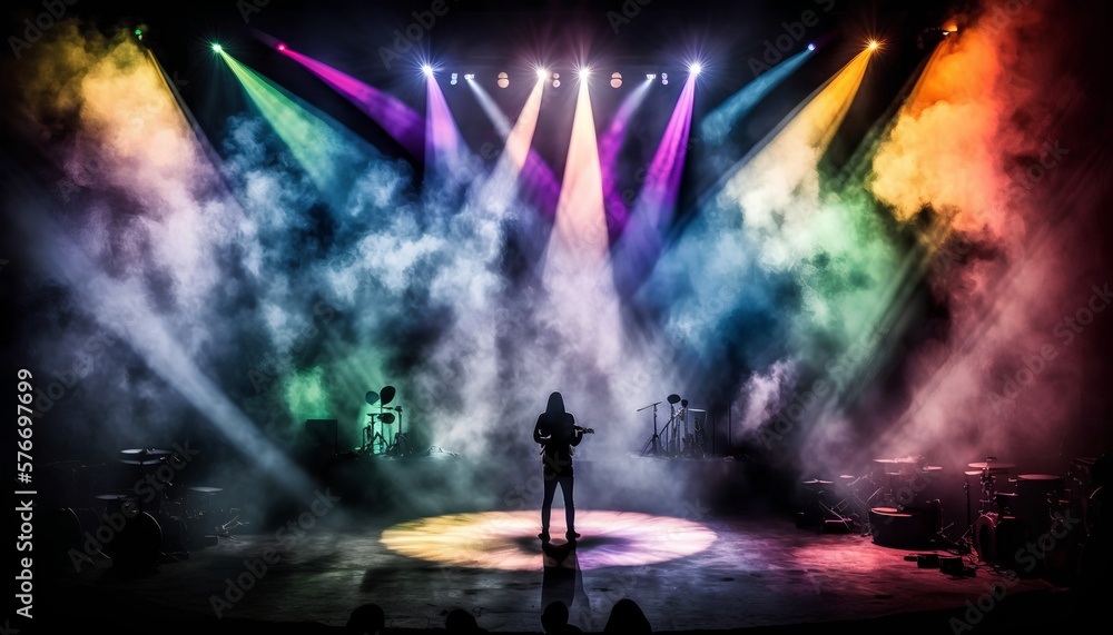 A stage is lit up with colored spotlights for live concerts and music festivals. Generative AI