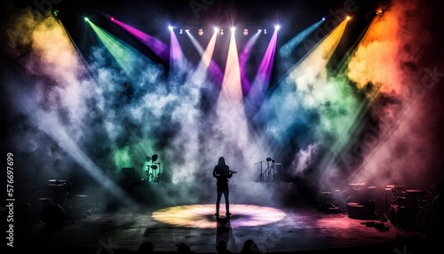 A stage is lit up with colored spotlights for live concerts and music festivals. Generative AI © TensorSpark