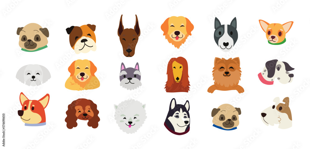 Fototapeta premium Different types of cartoon dog faces vector icons.