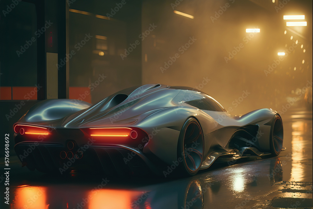 custom made wallpaper toronto digitalIllustration of a futuristic supercar in the city in the foggy night with neon haze. Concept of sports car racing video game.Generative AI