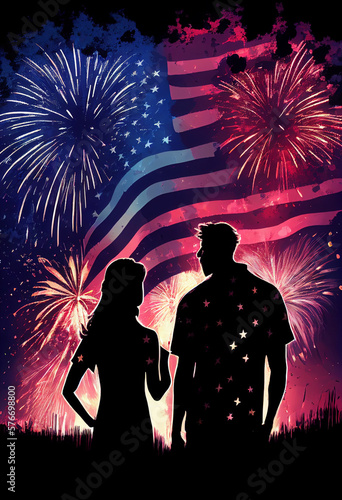 Silhouettes of a couple on the background of the US flag and fireworks. AI generated.