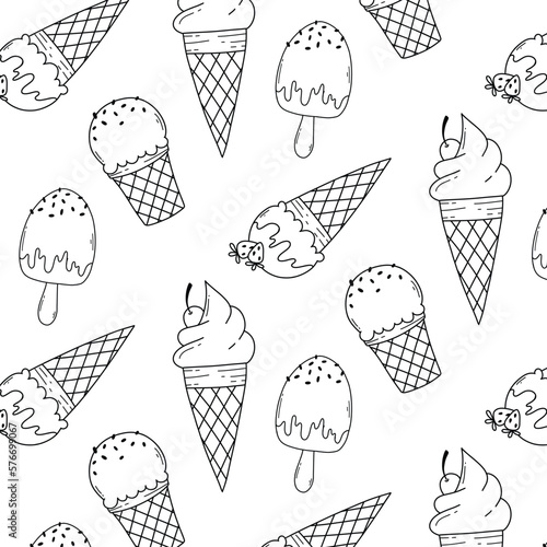 Seamless pattern with ice cream in doodle style. Vector illustration. Linear print with ice cream.