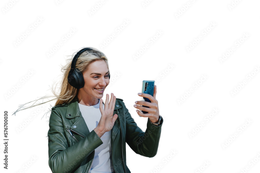 Young hipster Italian girl making talking via internet saying hello against transparent background. Beautiful young woman walking, making video call, swedish student, vacations, traveling having fun Young hipster Italian girl making talking via internet saying hello against transparent background. Beautiful young woman walking, making video call, swedish student, vacations, traveling having fun