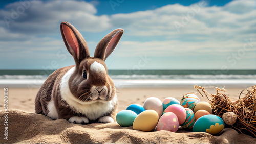 Happy Easter with Easter bunny and colourful easter eggs. Generative AI