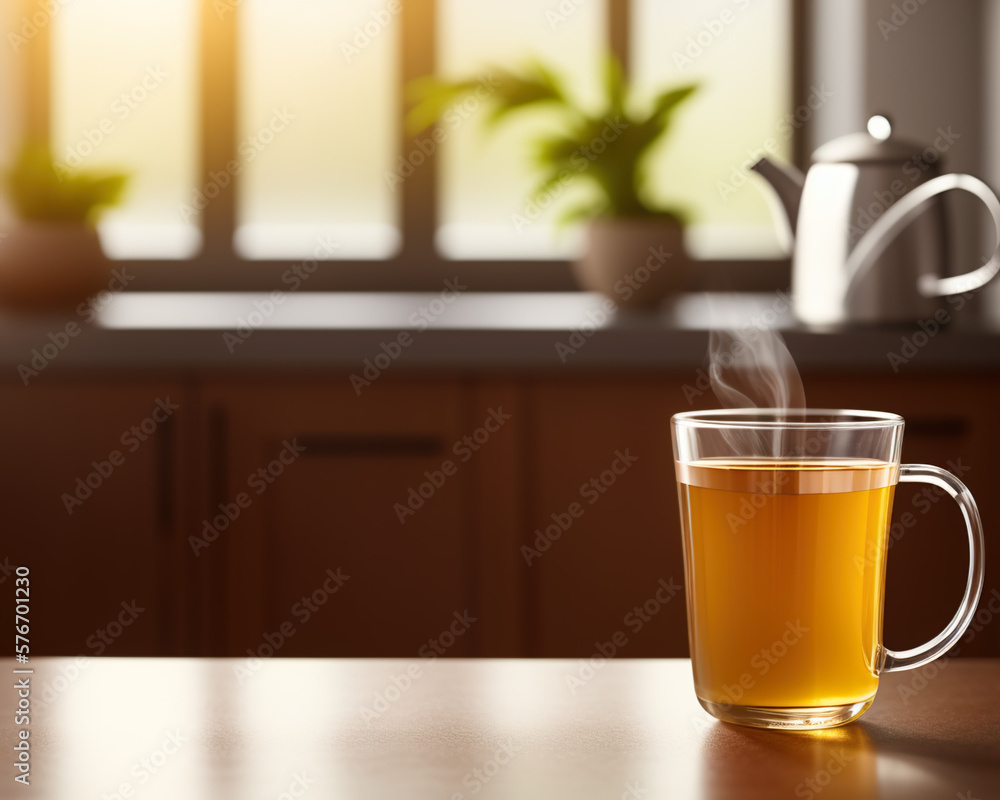 glass cup of spring tea and teapot in a cozy kitchen created with Generative AI technology glass cup of spring tea and teapot in a cozy kitchen created with Generative AI technology