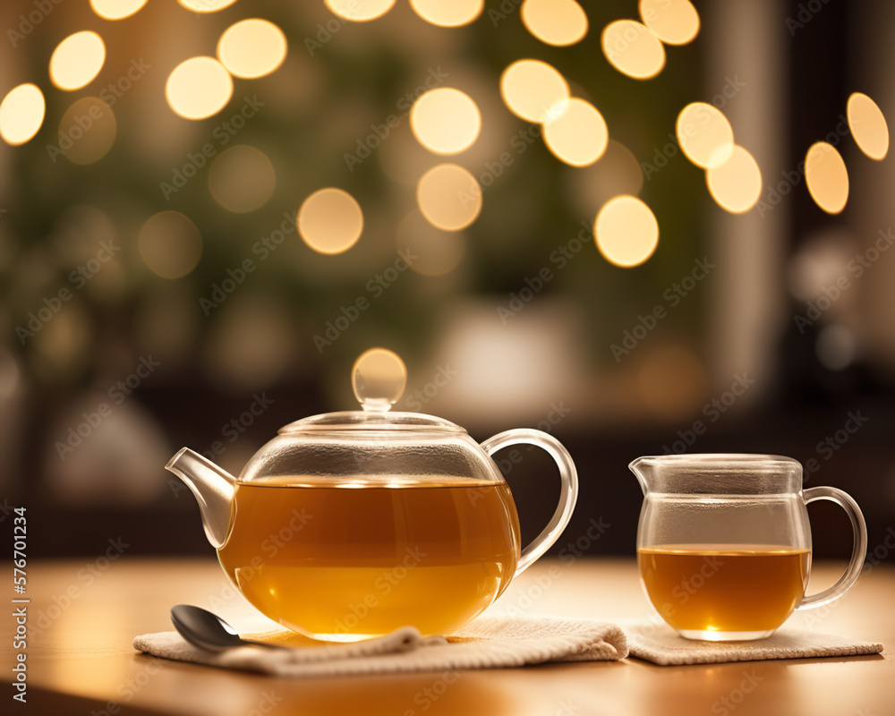 glass cup of spring tea and teapot in a cozy kitchen created with Generative AI technology glass cup of spring tea and teapot in a cozy kitchen created with Generative AI technology
