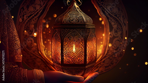 Ramadan Lantern in low light mode with arabesque background. Generative AI  photo