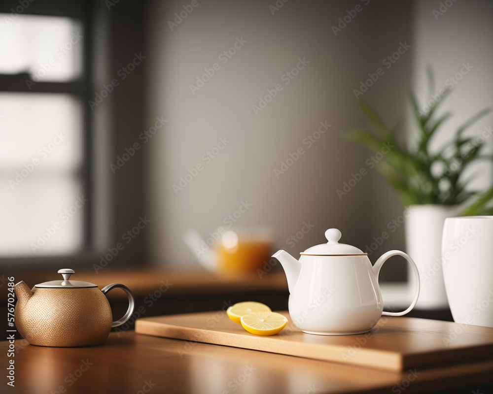 glass cup of spring tea and teapot in a cozy kitchen created with Generative AI technology - obrazy, fototapety, plakaty 