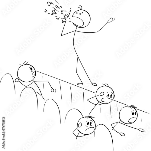 Singer Singing, Audience is Running Away , Vector Cartoon Stick Figure Illustration