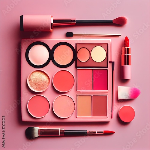 Background to makeup adversite with make up objects. Makeup products makeup tool on a pink background. Generative AI. photo